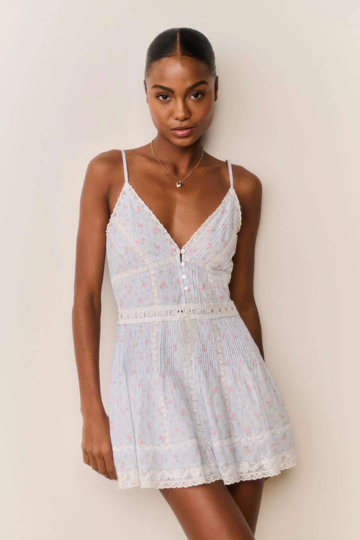 Vestido Mini de Algodão com Renda Florais Zirelle