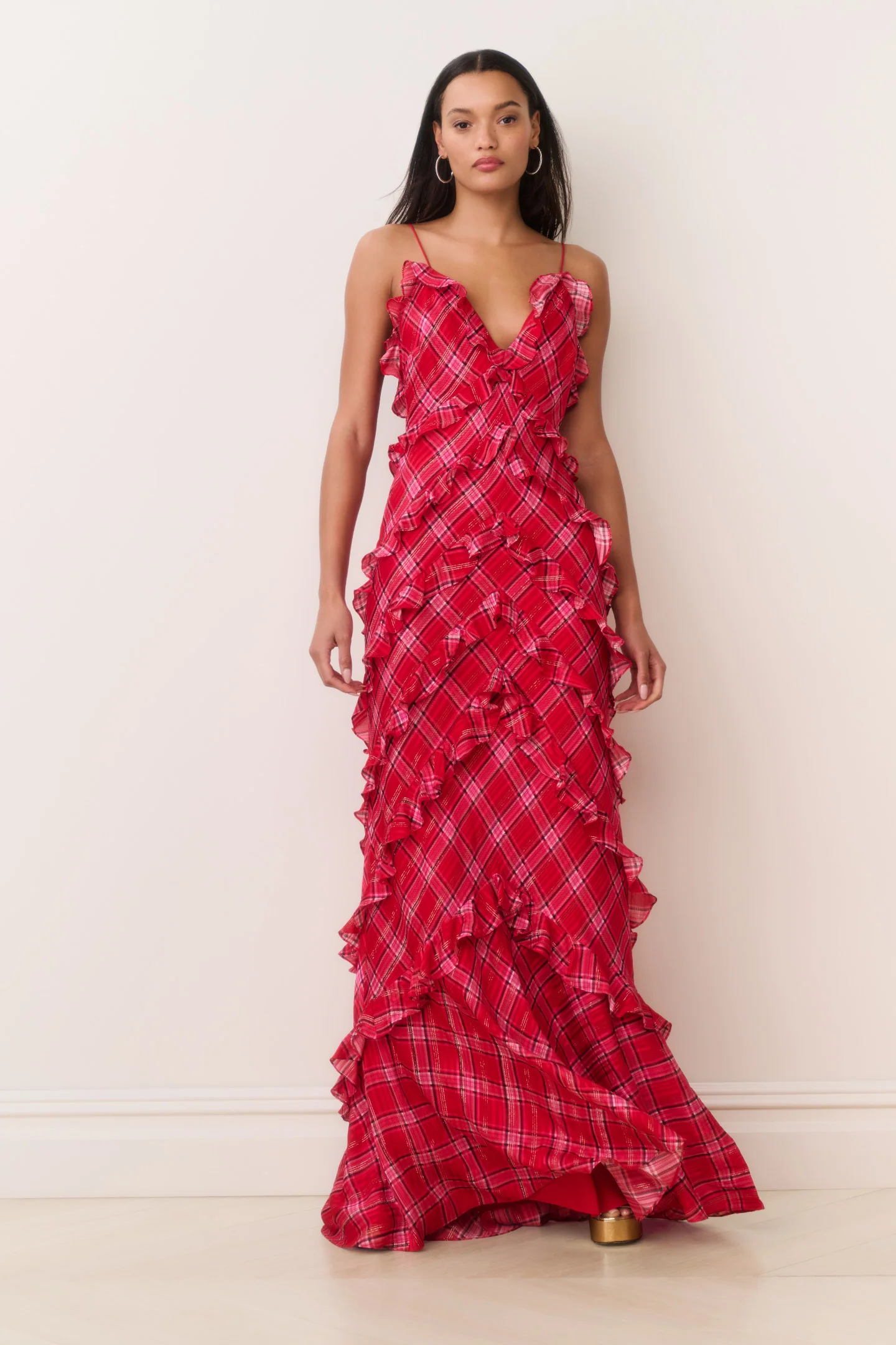 Vestido Maxi com Ruffles Tartan Ellietta