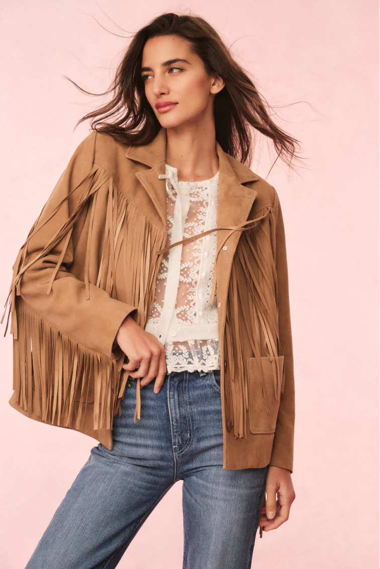 Jaqueta Geraline de Couro Suede com Fringe