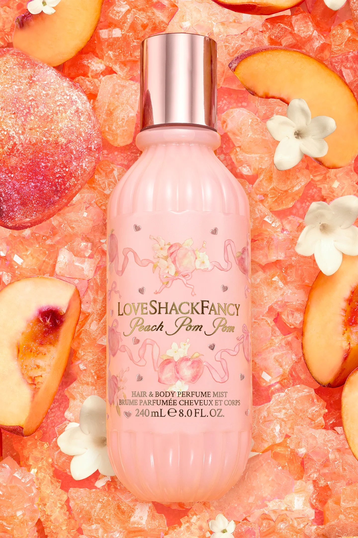 Perfume em Spray para Cabelo e Corpo com Pêssego Caramelizado e Açúcar Cristalizado