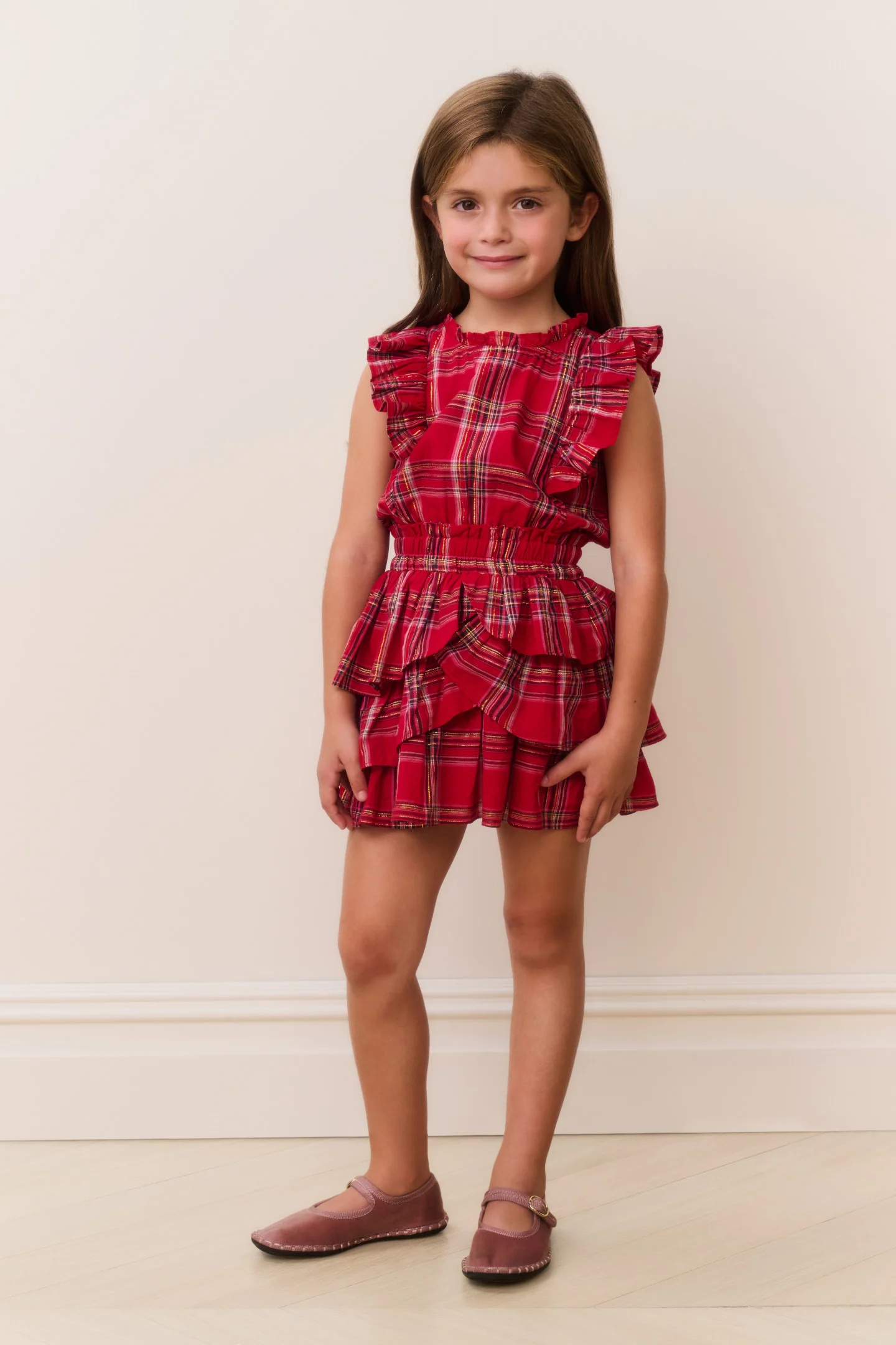 Vestido de Algodão com Estampa Xadrez e Renda para Meninas Decker